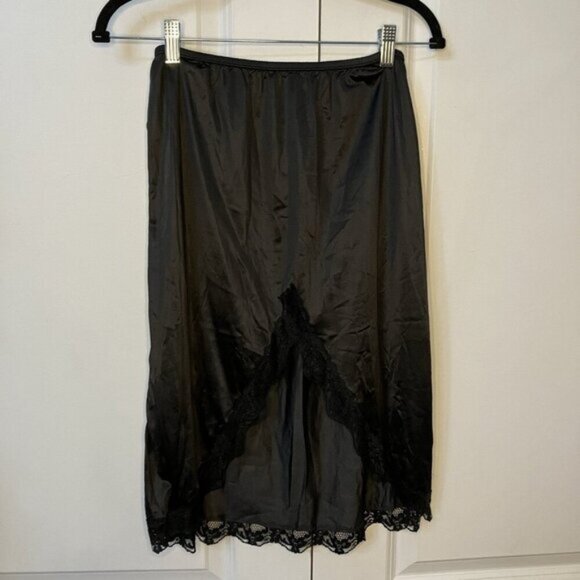 Vintage Hanna Skirt Slip Womens S Black Lace Trim High Slit Goth Lingerie - Picture 1 of 8